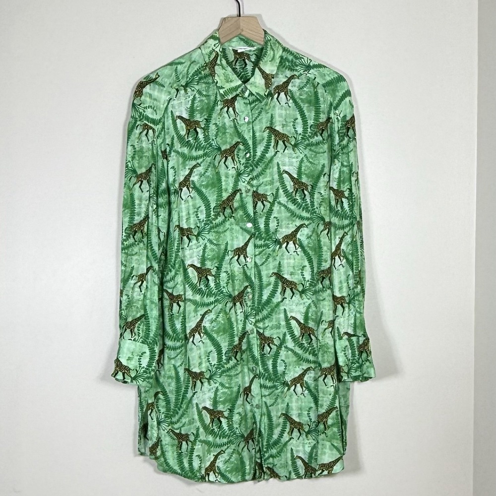 Jane & Delancey Womens Long Tunic Top L Green Novelty Giraffe Print Button Front